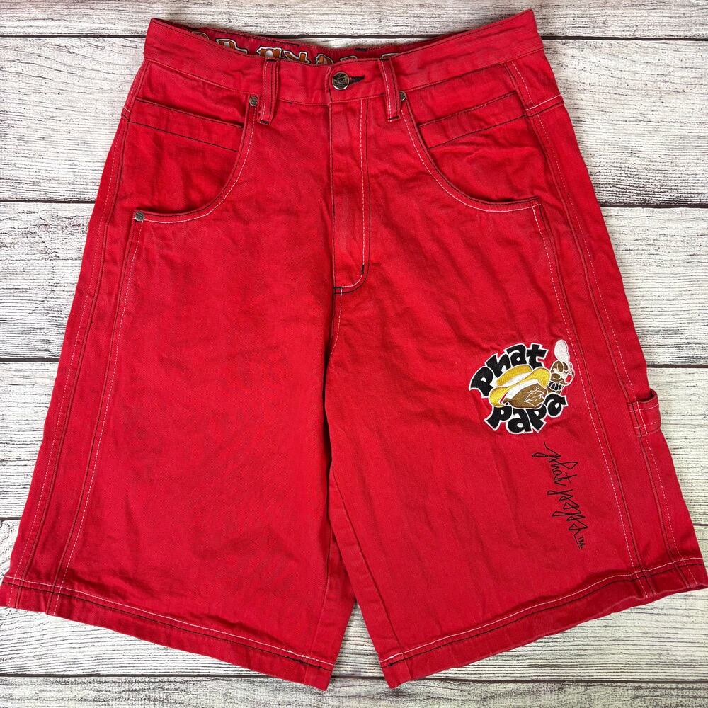 Vintage Y2k Phat Papa Red Wide Leg Baggy Denim Jean Shorts